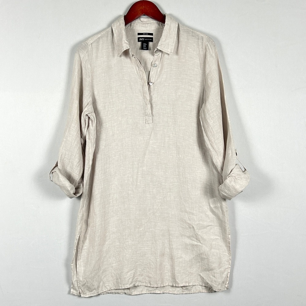 Jones New York 100% Linen Mini Tunic Dress Women's S / M Oatmeal Coastal Grandma - Picture 3 of 11